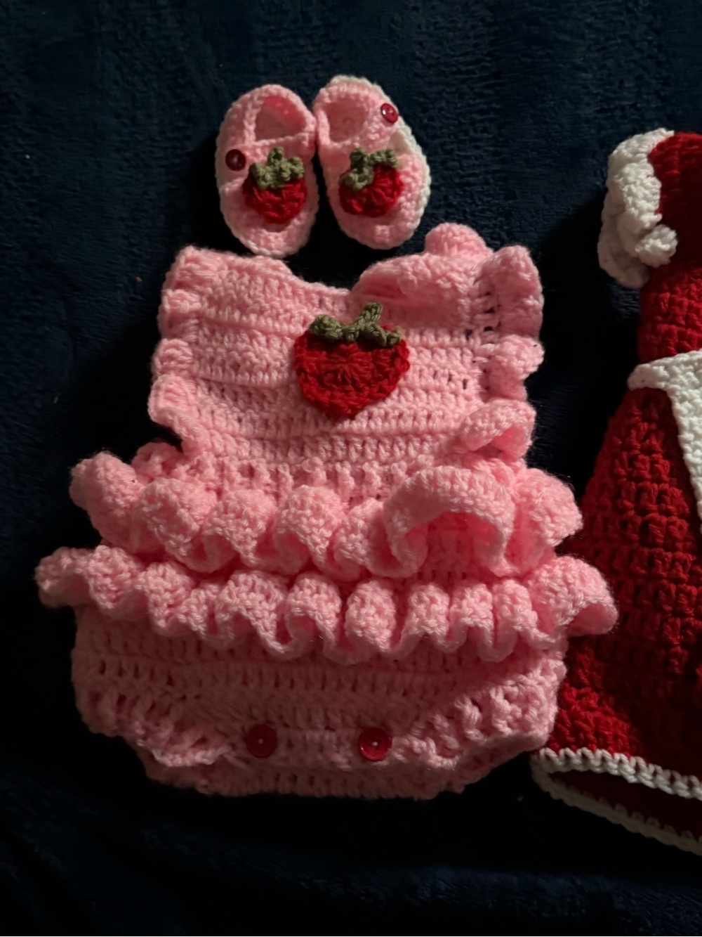Hand Crafted Pink Crochet Baby Matching Dress & Booties with Strawberry